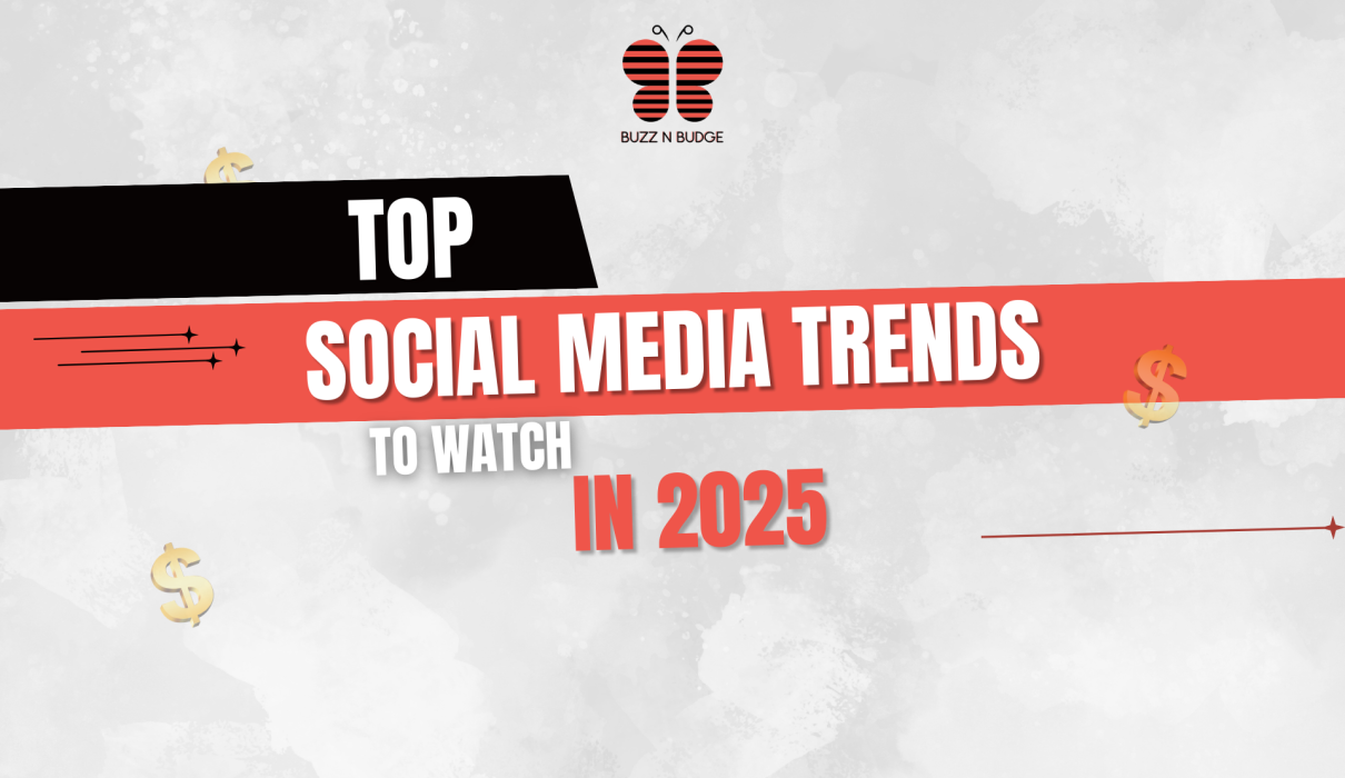 Banner showing futuristic digital marketing icons representing the biggest social media trends to watch in 2025, including AI, short-form videos, influencer marketing, and new platforms.