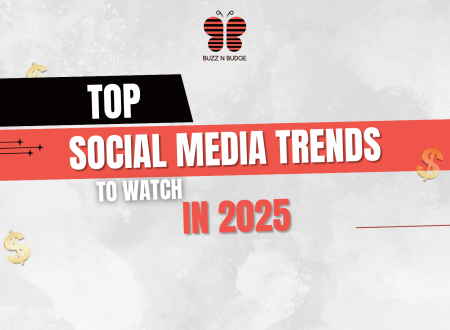 Banner showing futuristic digital marketing icons representing the biggest social media trends to watch in 2025, including AI, short-form videos, influencer marketing, and new platforms.