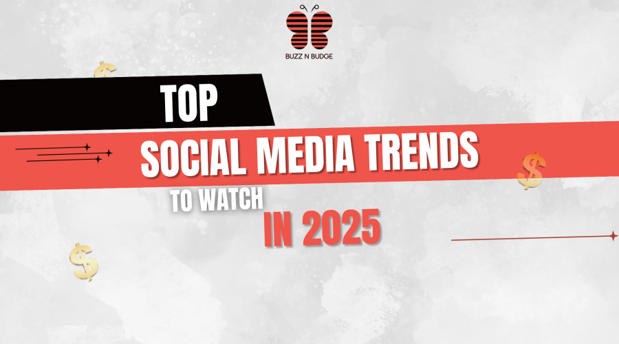 Banner showing futuristic digital marketing icons representing the biggest social media trends to watch in 2025, including AI, short-form videos, influencer marketing, and new platforms.